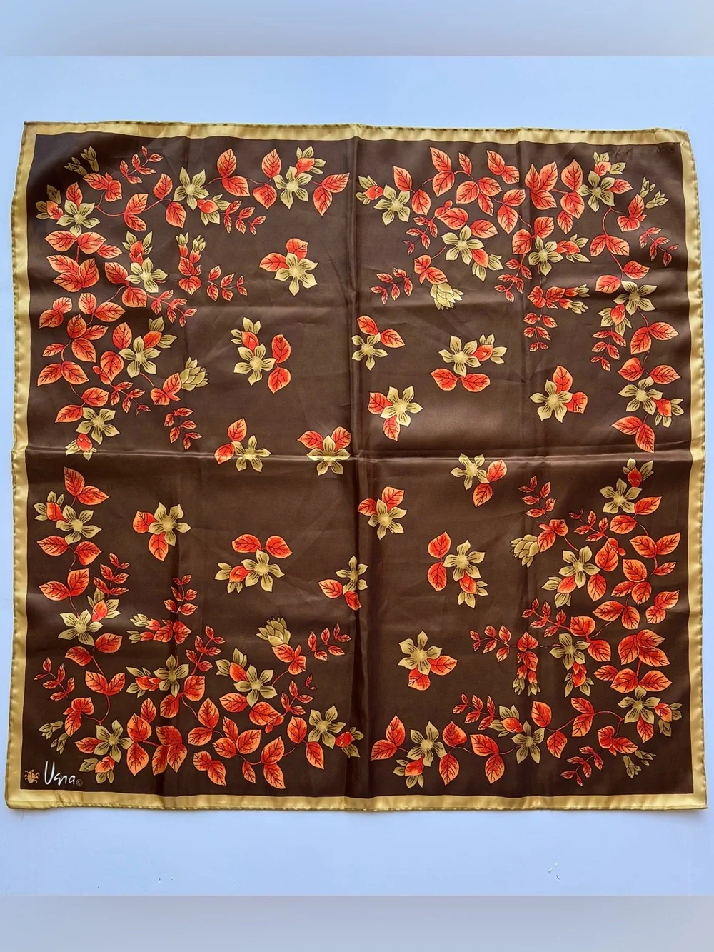 Vintage Vera Neumann Square Scarf in Brown with Orange & Gold Leaves 26” Square